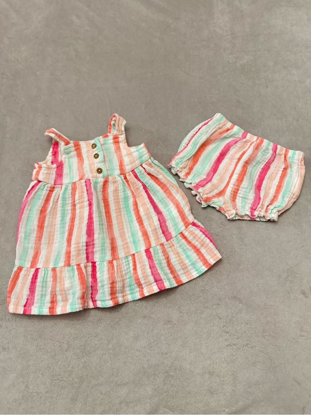 Koala Baby 2 Pc Striped Gauze Dress & Bloomer Set 3 Months Pink Coral Mint Cotto